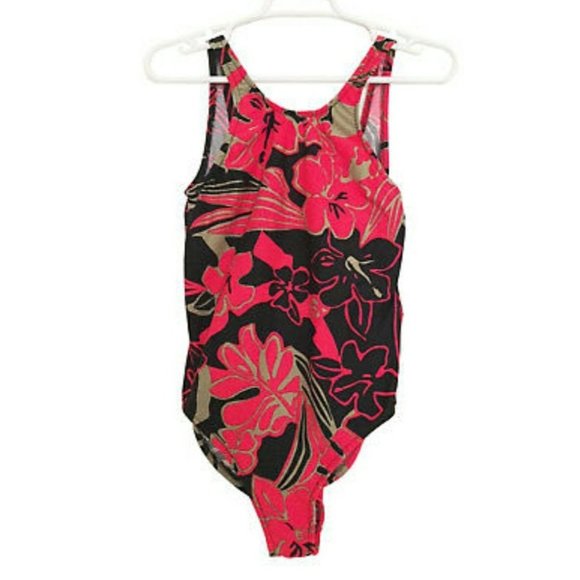 RODAN One-Piece Bathing suit Open back Red Gold Floral Swimwear - Picture 1 of 8